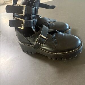 Shoe Dazzle Black Triple Buckle Lace Up Boots